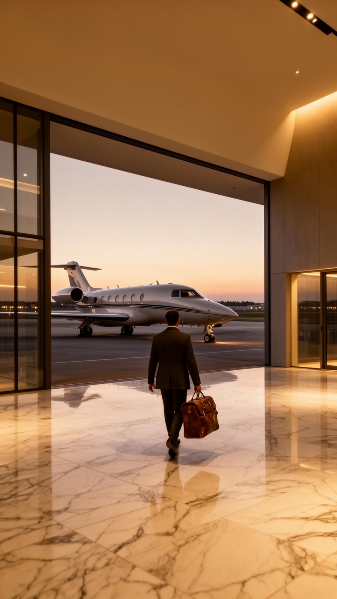 A figure walks through a private aviation terminal at dusk